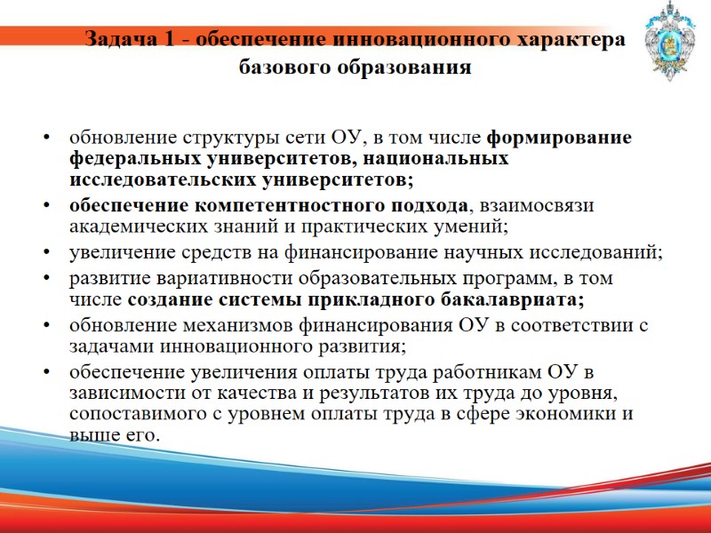 Задача 1 - обеспечение инновационного характера базового образования  обновление структуры сети ОУ, в
